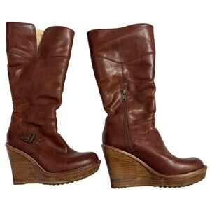UGG Sidonie Tall Wedge Boots 7.5 Brown Leather Shearling Lined Winter Shoes